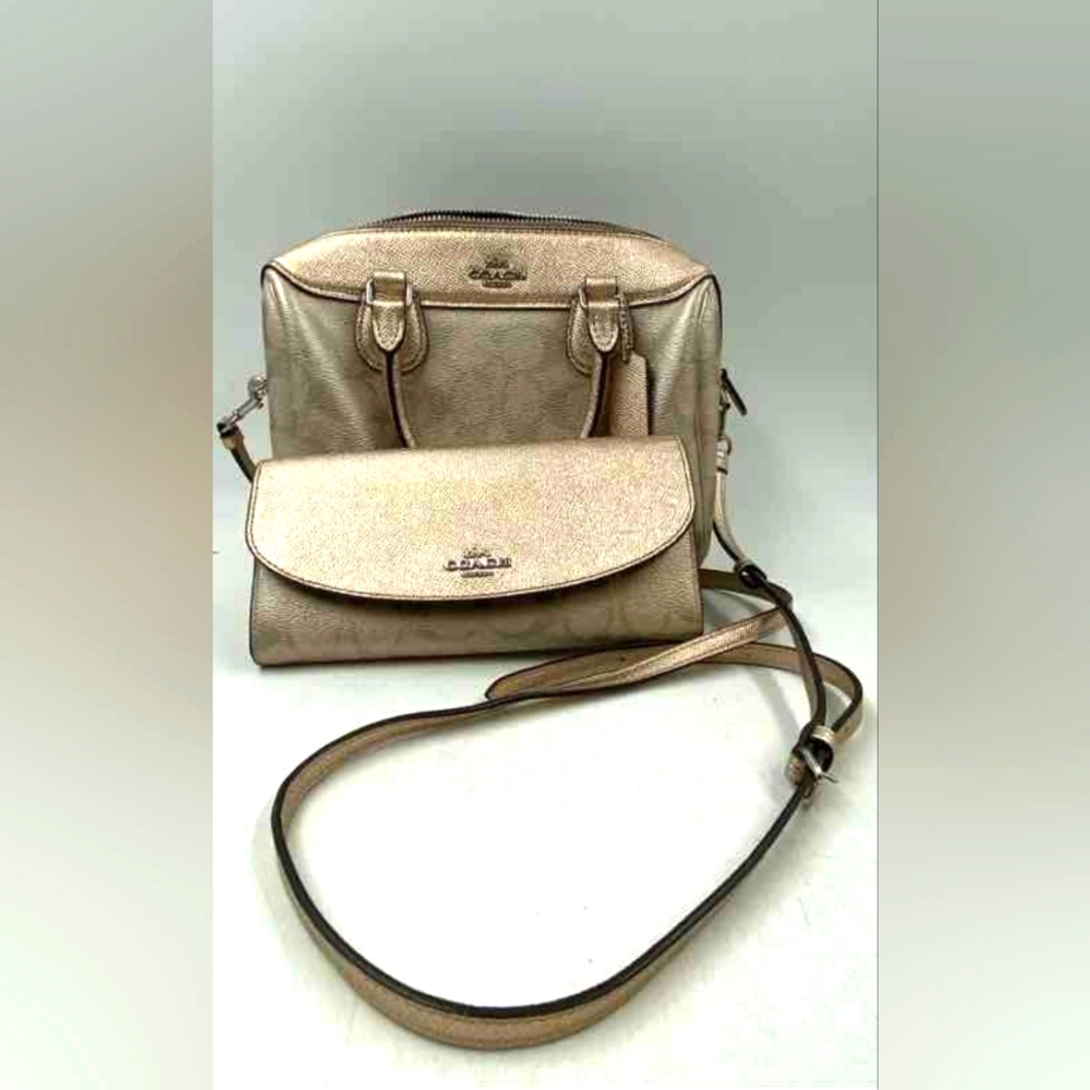 Lot 2 Bundle Coach Designer Bennett Gold Satchel Crossbody Bag Purse + Wallet